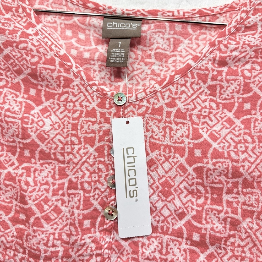 Chico’s Gauzy Tie Front 3/4 Sleeve Aztec Print Boho Popover Blouse in Watermelon - Picture 10 of 10